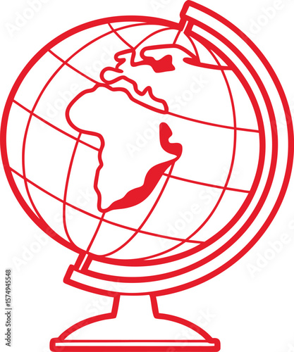 Red line art illustration of a globe with continents on a white background world earth