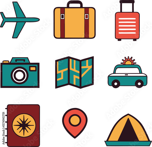 Teal airplane yellow suitcase red luggage camera map car passport and tent icons travel