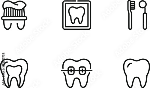 Dental care icons: toothbrush, mirror, x-ray, healthy teeth, braces, and crown.