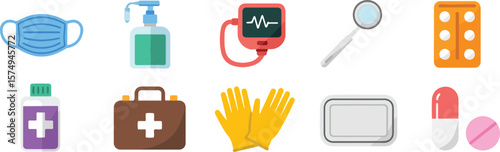 Medical supplies including mask sanitizer monitor mirror pills gloves first aid kit and medicine health 2025 bundle set download