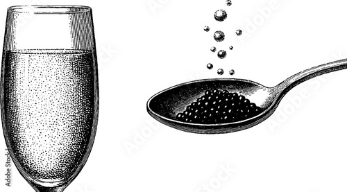 Elegant engraved illustration of champagne flute and spoon with bubbles