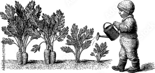 Child watering plants engraved collage for garden design