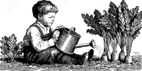 Child watering carrots engraved vintage illustration for garden and nature design