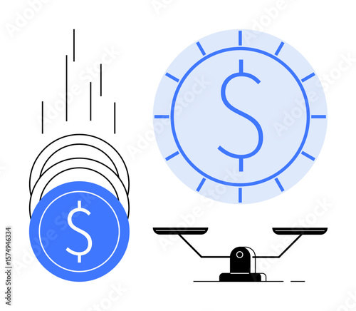 Coins in motion, large coin with dollar sign, and a balancing scale emphasize monetary value, resource management, and economic stability. Ideal for finance, banking, investment, economy budgeting