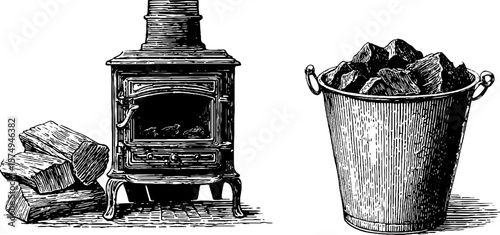 Vintage engraving of coal stove and bucket of coal for rustic interior design theme
