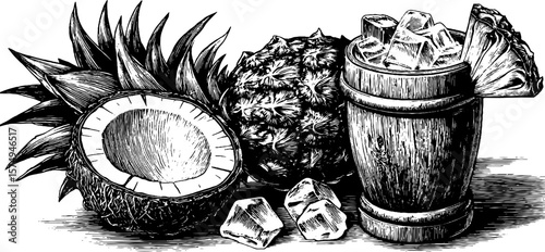 Tropical coconut and pineapple engraving for beverage design