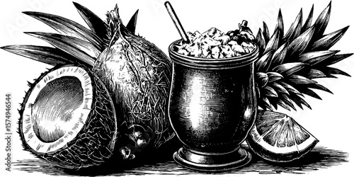 Vintage engraving of coconut drink with pineapple scene for tropical design