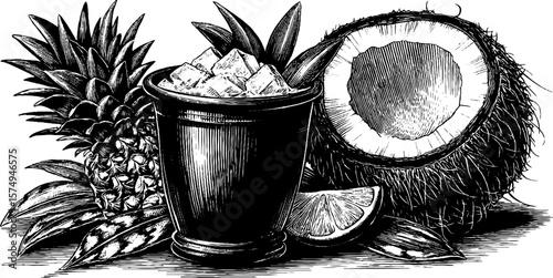 Tropical engraved collage: coconut cooler with pineapple and citrus elements for design