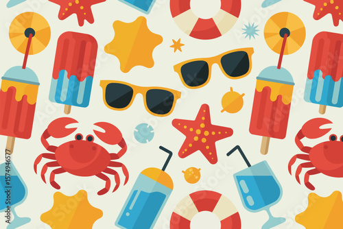 A summer themed pattern featuring popsicles sunglasses starfish crabs and refreshing drinks on a light background
