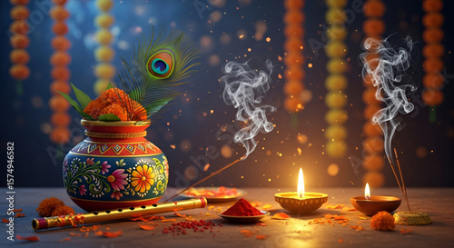 Decorative Indian festive clay pot with marigold flowers peacock feather diya incense flute and kumkum powder glowing lights background perfect for Janmashtami Diwali Holi Navratri and spiritual 