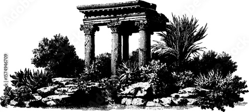 Engraved artistic collage of ancient colonnade ruins with lush vegetation