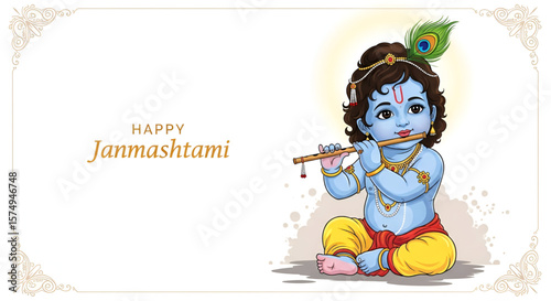 Illustration of baby Krishna sitting with flute and peacock feather celebrating Janmashtami with traditional attire for Hindu festival art, spiritual decor and commercial use