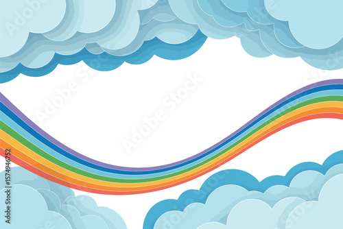 A whimsical illustration of clouds framing a vibrant rainbow against a white background design art