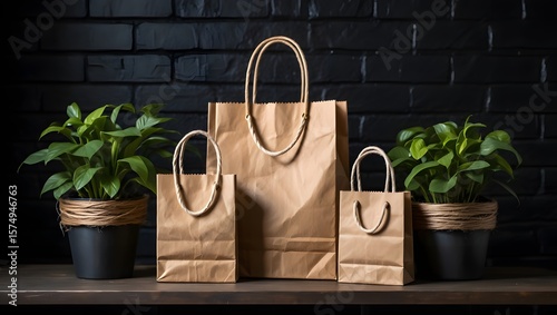 Eco friendly brown paper shopping bags with plants against a black brick wall shelf
