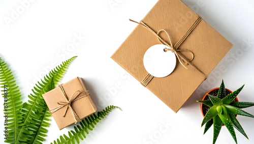Brown paper gift box with tag mockup and greenery for product presentation design