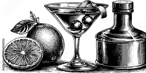 Vintage cocktail engraving: engraved cosmopolitan and martini set with citrus and bottle design