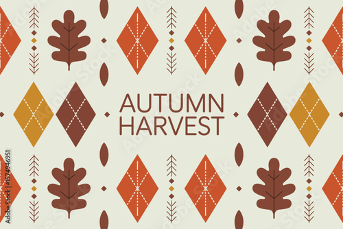A repeating pattern of autumn leaves and argyle diamonds with autumn harvest text in the center