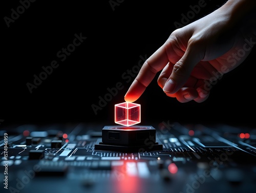Exploring blockchain technology concept with hand touching digital cube interface design
