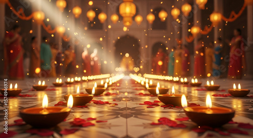 Traditional Indian diya lamps lit during festive Hindu celebration with glowing marigold flowers and rangoli patterns in spiritual temple setting for religious events