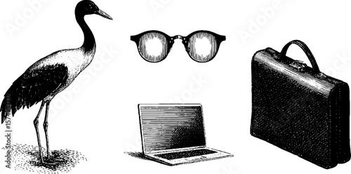 Vintage engraved collage with crane, laptop, glasses, and briefcase for creative design
