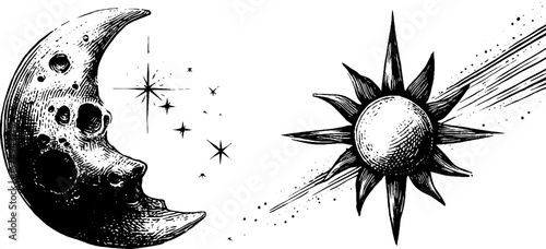 Engraved celestial art: crescent moon and stars with radiant sun for design elements