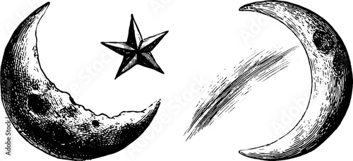 Engraved illustration set of crescent moon and star for artistic design