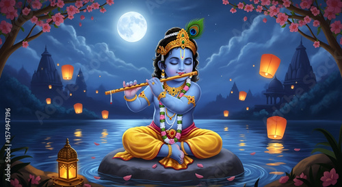 Divine artwork of baby Krishna playing flute under moonlit sky with temple background and floating lanterns representing Janmashtami celebration for spiritual festival use