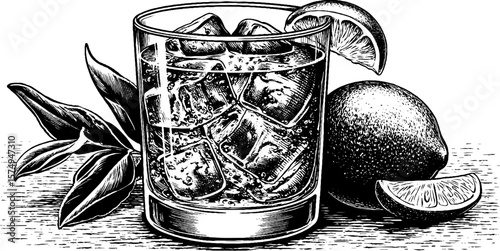 Refreshing cucumber cooler with citrus and ice in engraved art style