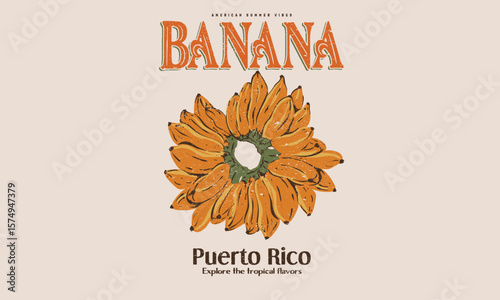 Fruits of the spirit. Vintage banana art. Summer food poster design. Banana fruit set. Nature fruit club print design. Organic food artwork for for t shirt and poster. Puerto rico.