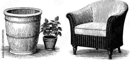 Vintage engraved art featuring elegant cushioned couch and plant arrangement