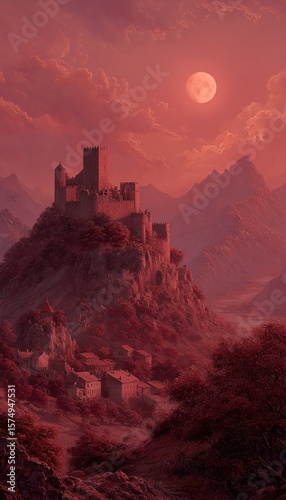 A stone castle atop a mountain, under a vibrant red moon