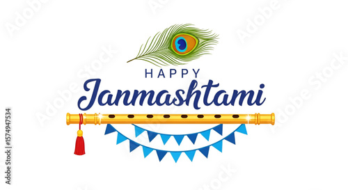 Colorful digital illustration of Happy Janmashtami festival greeting featuring Krishna flute design with peacock feather suitable for Hindu celebration print banner and festive decor