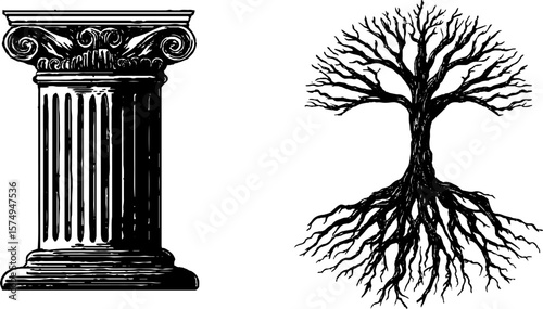 Architectural pilaster and tree roots in engraved collage design for artistic projects