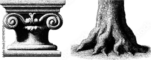 Architectural elements and natural forms in engraved decorative pilaster set