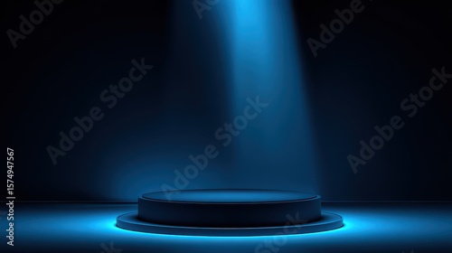 Stunning photo of dark blue stage podium 3d background product platform of empty scene presentation pedestal minimal showcase stand or abstract light show blank display and neon.