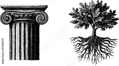 Classical architecture and nature harmony: engraved pilaster with tree roots design