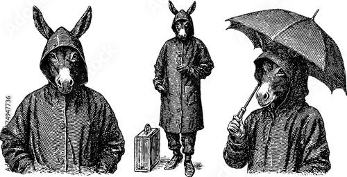 Engraved donkey in raincoat with umbrella: whimsical black and white set for creative design