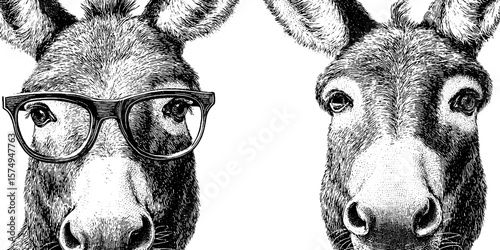 Engraved art of donkey with glasses in vintage style