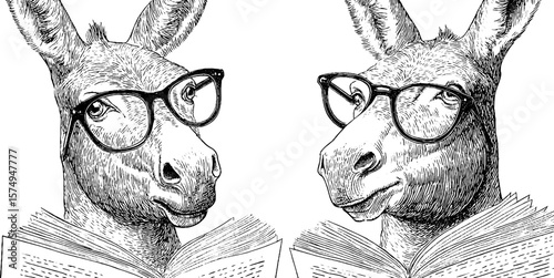 Engraved donkey with spectacles reading a book - whimsical art concept