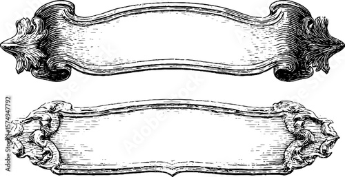 Vintage engraved double scroll crest set for elegant design and decoration