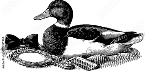 Engraved duck with bow tie and grooming set collage for vintage style design