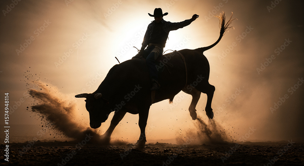 custom made wallpaper toronto digital Silhouetted bull and rider in mid-air during rodeo, dust and backlight add cinematic drama.