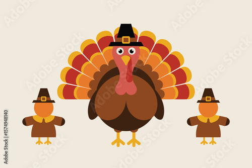 Cartoon thanksgiving scene with a turkey wearing a pilgrim hat and two smaller pilgrim turkeys beside