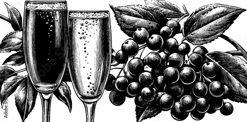 Vintage engraved art of elderflower fizz and berries for beverage and botanical design