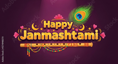Colorful Happy Janmashtami celebration design with traditional flute and vibrant peacock feathers on festive maroon background perfect for Krishna religious greetings and decorations