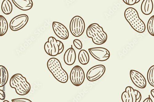 A seamless pattern featuring various types of nuts including almonds peanuts and pecans on a light background