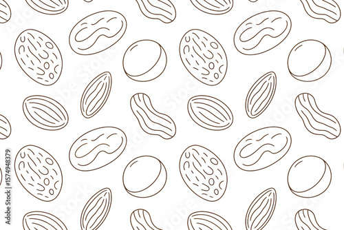 Seamless pattern of various outline drawings of dried fruits on a white background, artistic style design
