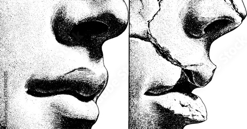 Eroded statue face engravings featuring abstract halftone design for artistic inspiration