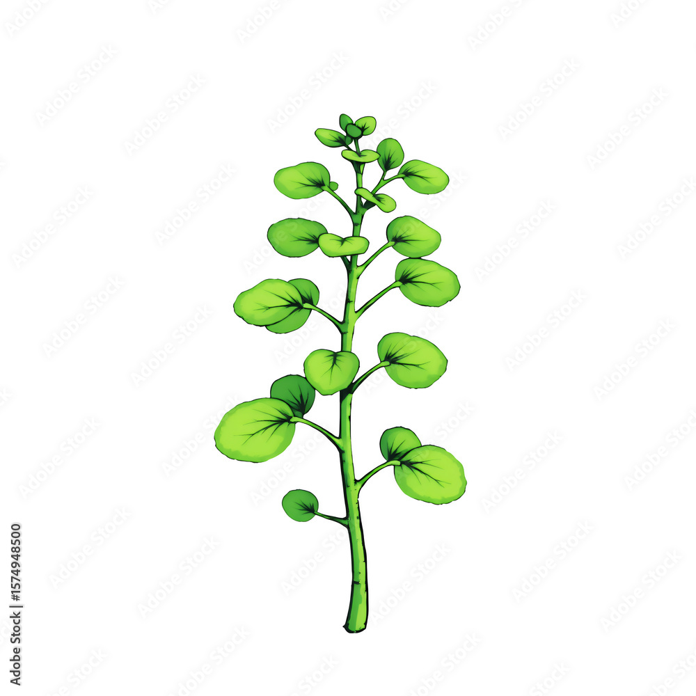 Obraz premium A single stem of watercress with round leaves against a plain black background illustration on transparent background