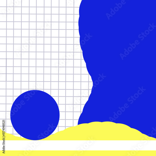 Back to school design featuring a grid notebook page and colorful geometric elements. Bright blue and yellow shapes create a modern, playful composition.